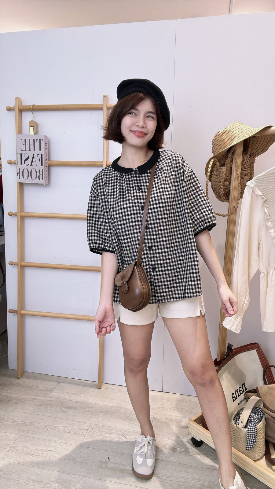 麻料格子活纽上衣