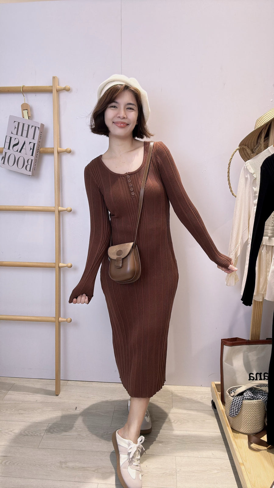 针织长袖腰身长裙