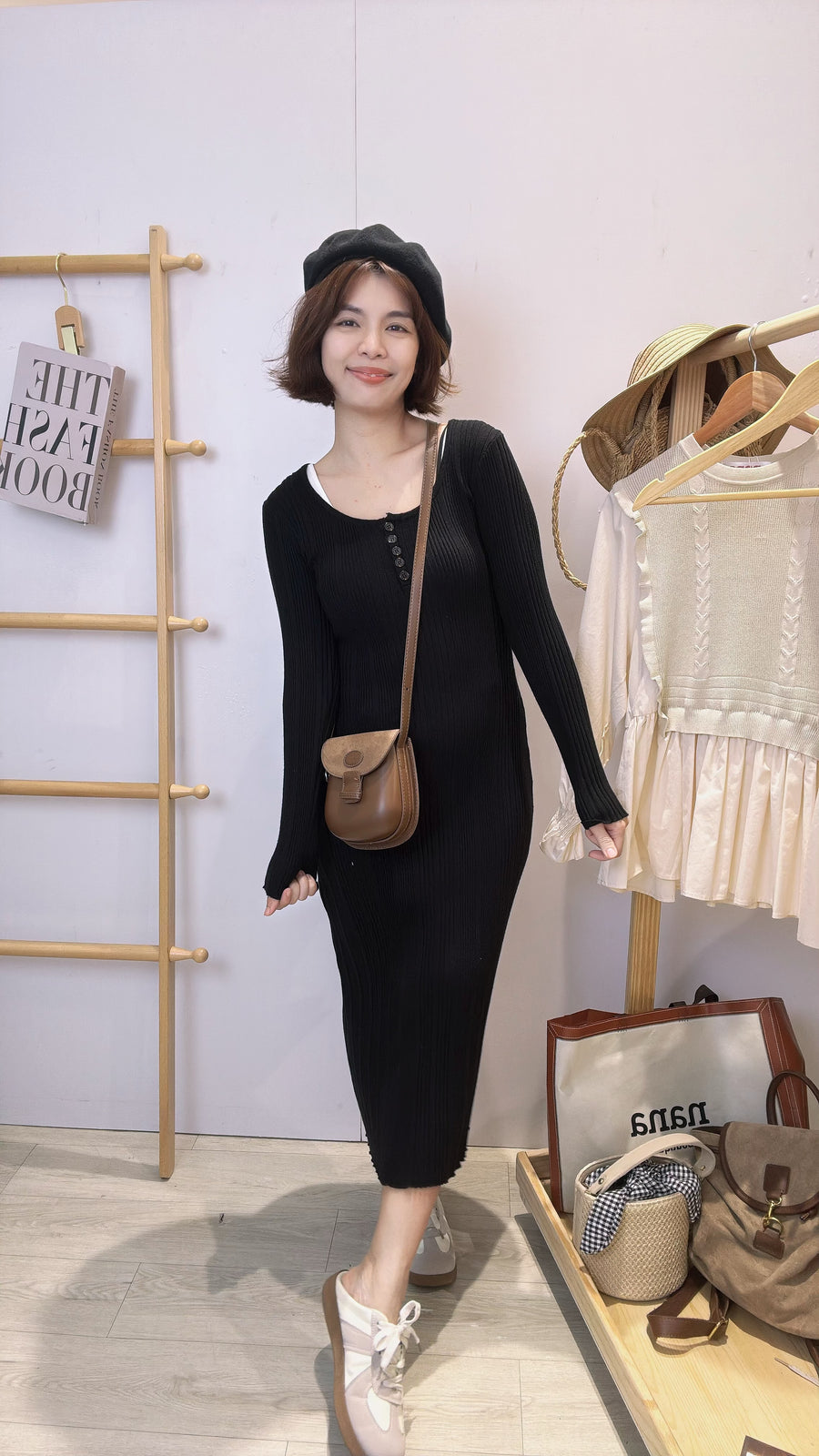 针织长袖腰身长裙