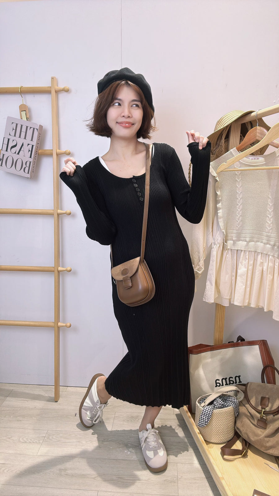 针织长袖腰身长裙