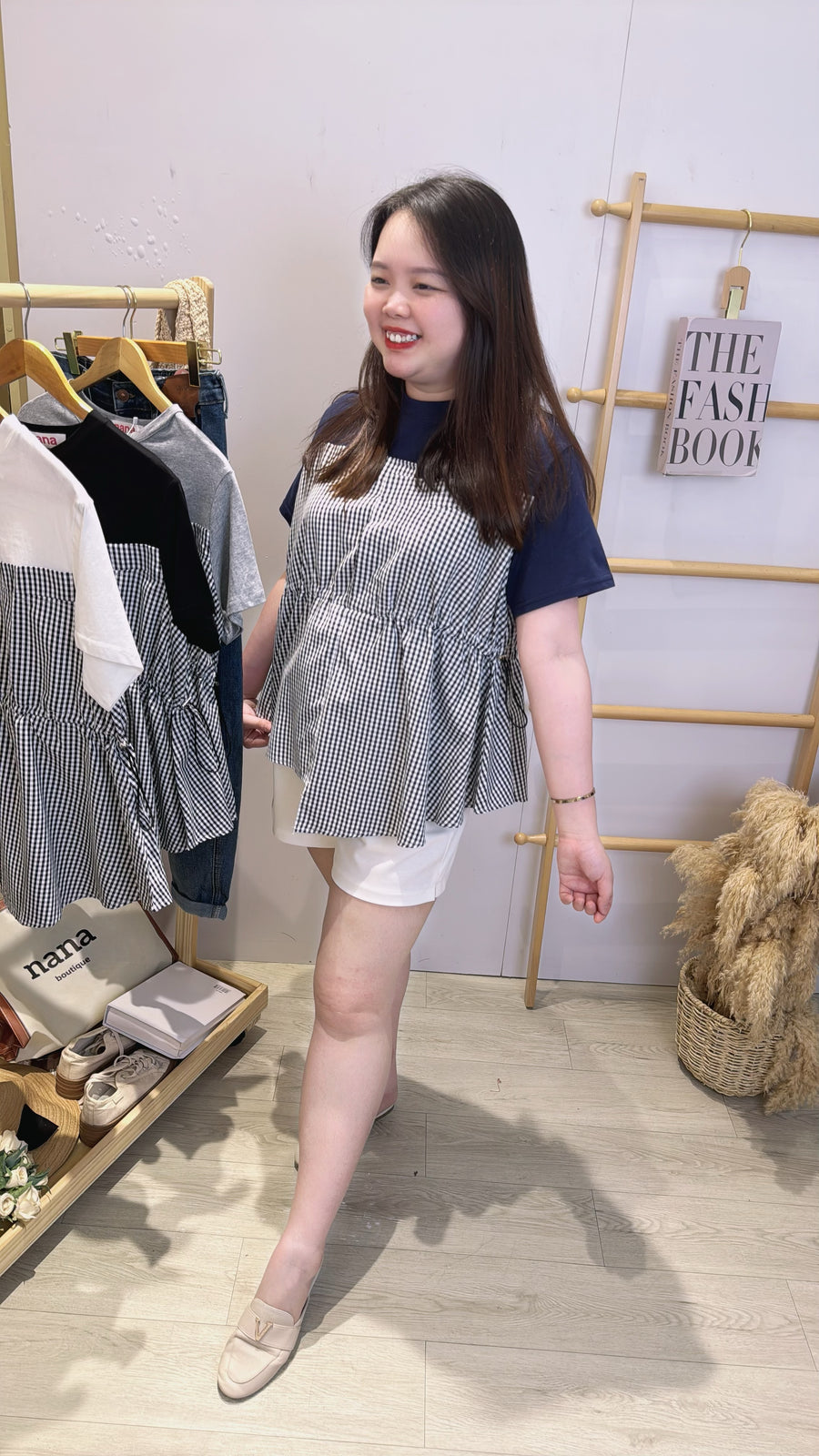 棉质并雪纺格子收腰上衣