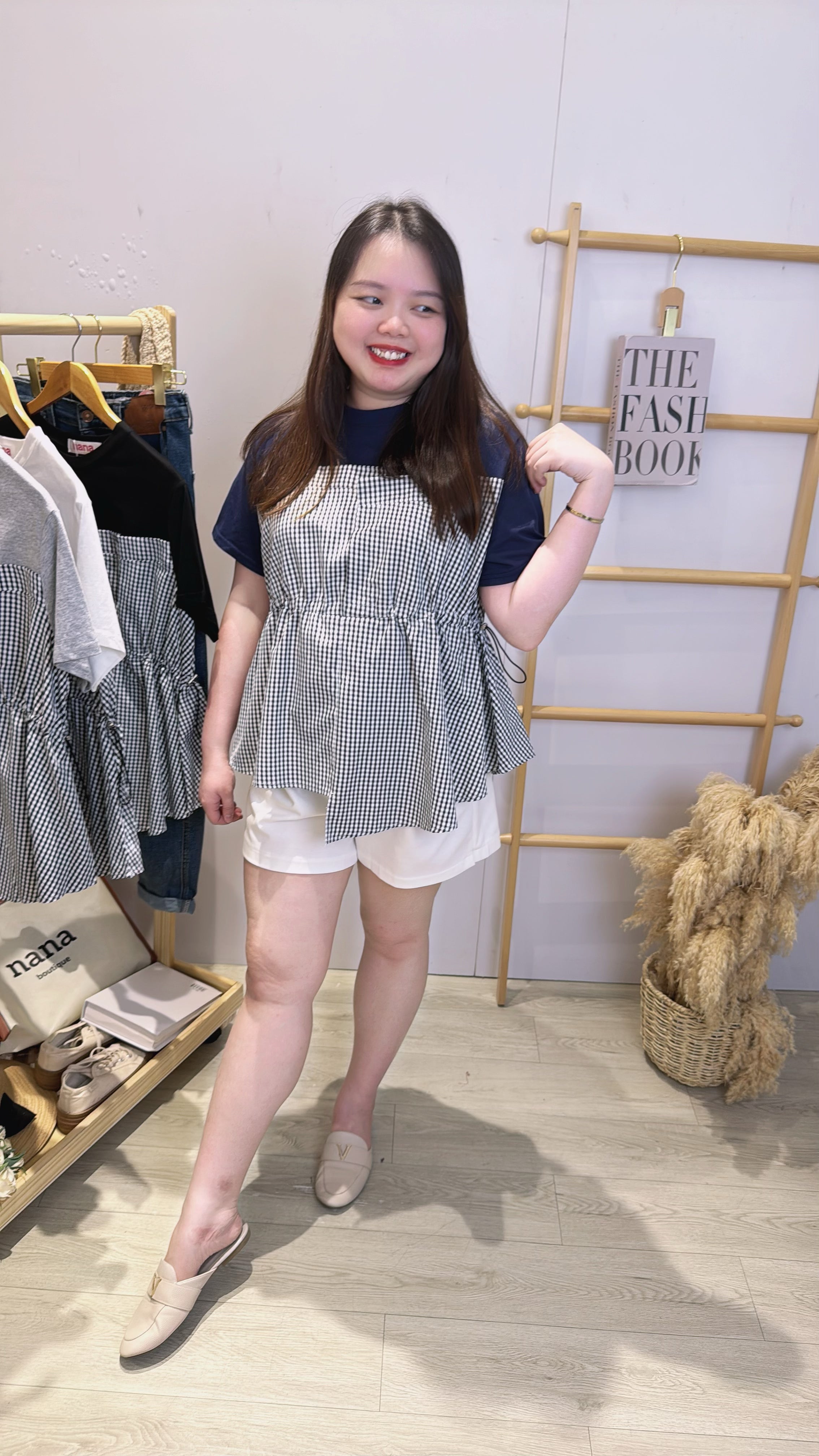 棉质并雪纺格子收腰上衣