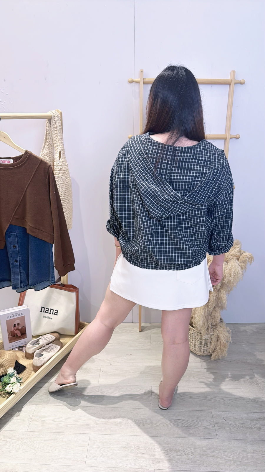 独家格子连帽薄雪纺衬衫