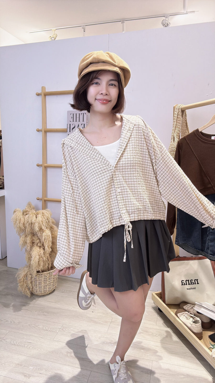 独家格子连帽薄雪纺衬衫