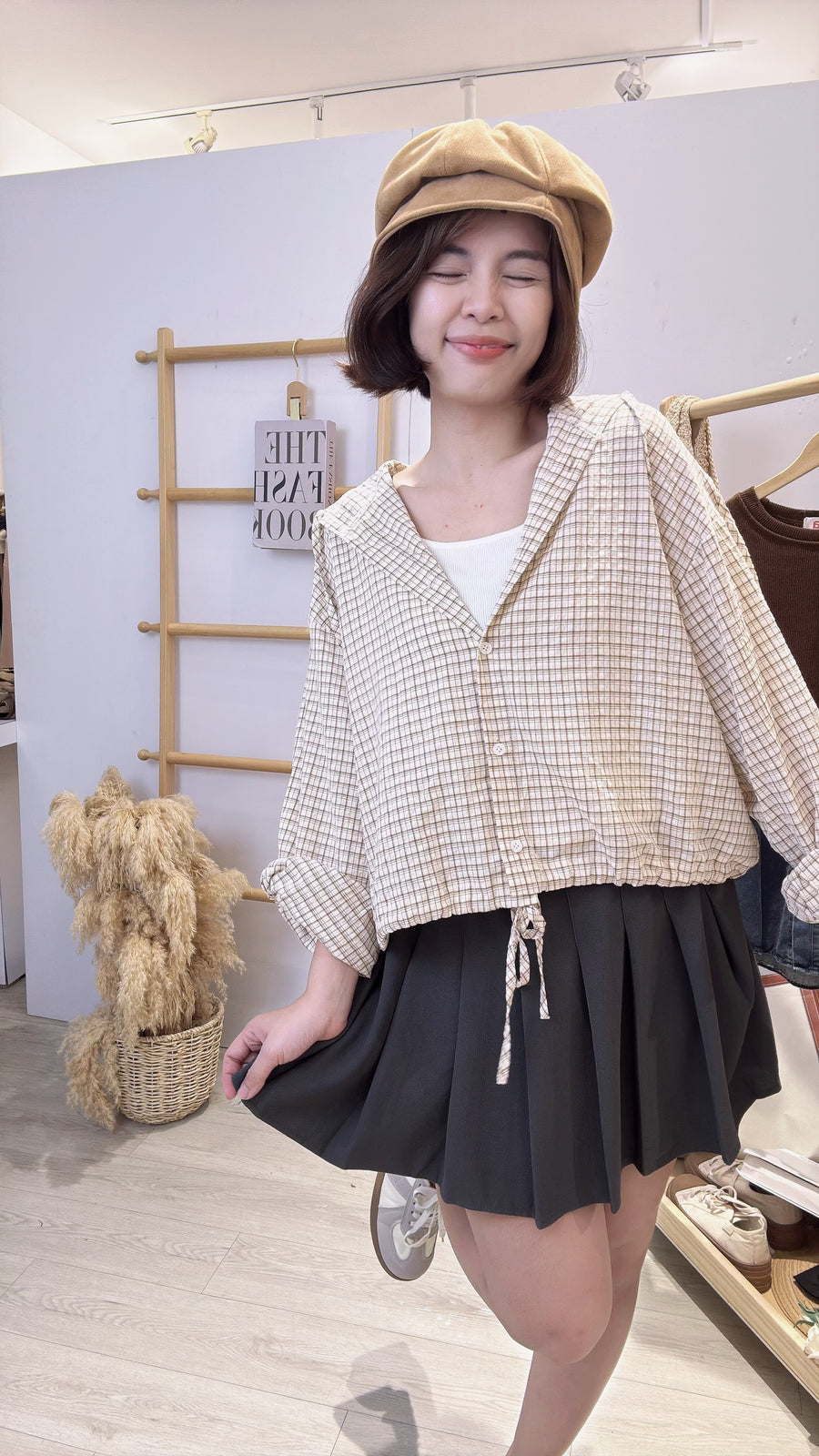 独家格子连帽薄雪纺衬衫