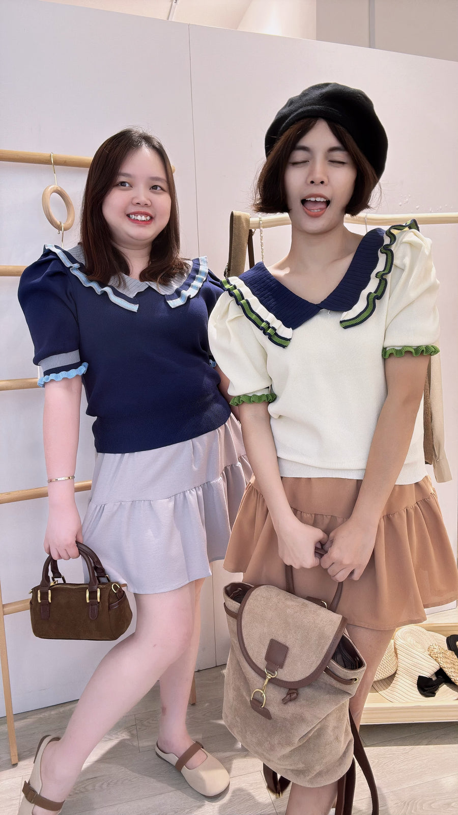 娃娃领针织收腰上衣