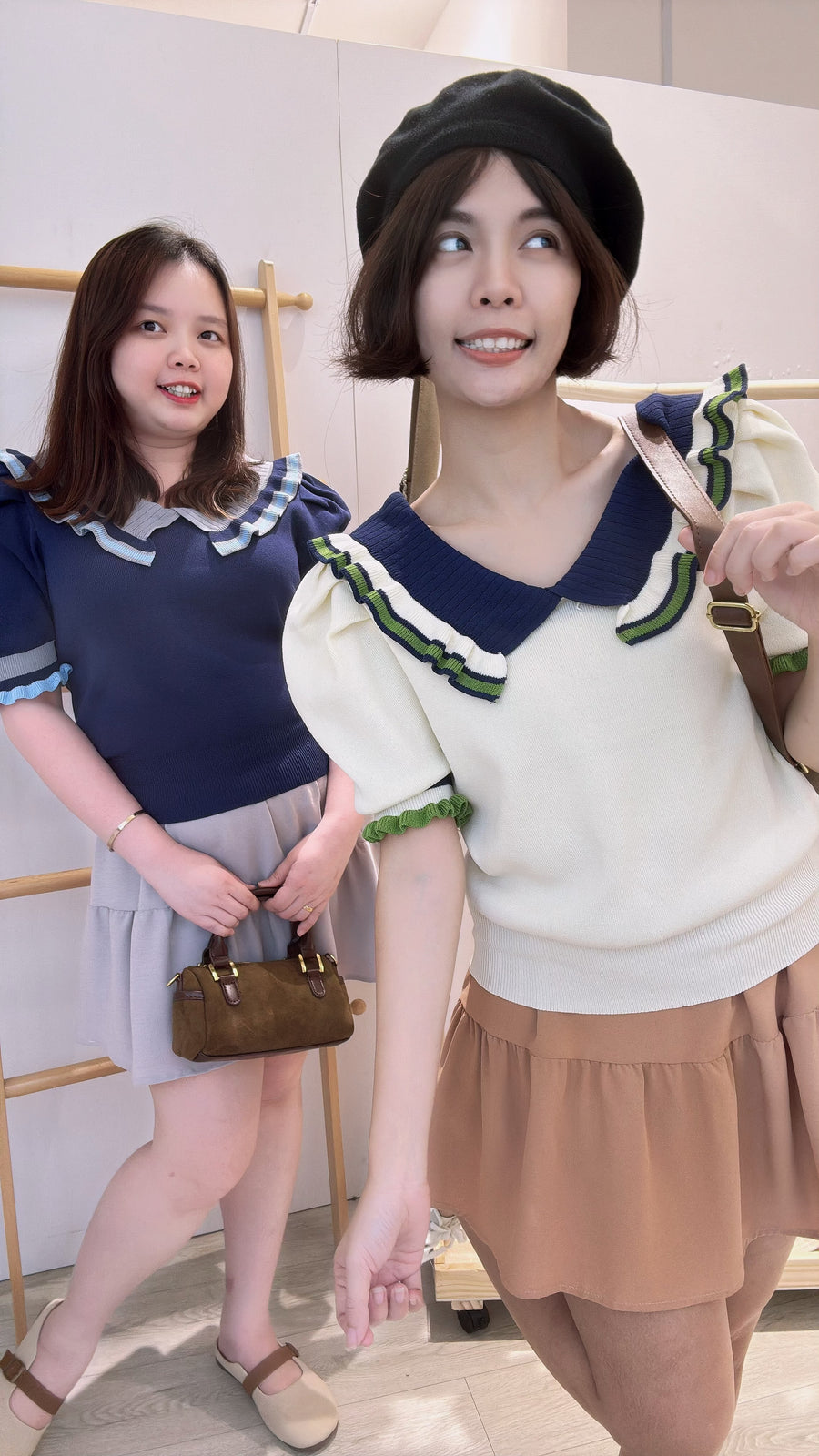 娃娃领针织收腰上衣
