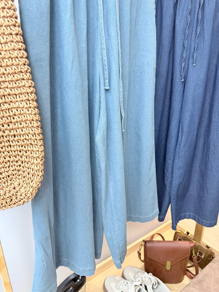 抽绳牛仔松紧腰九分阔裤