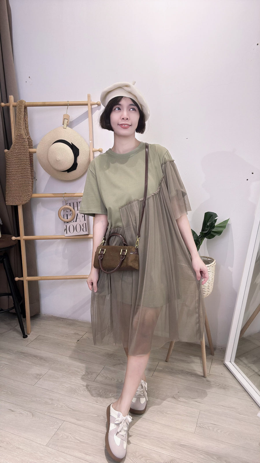 cotton并软网纱短连衣裙