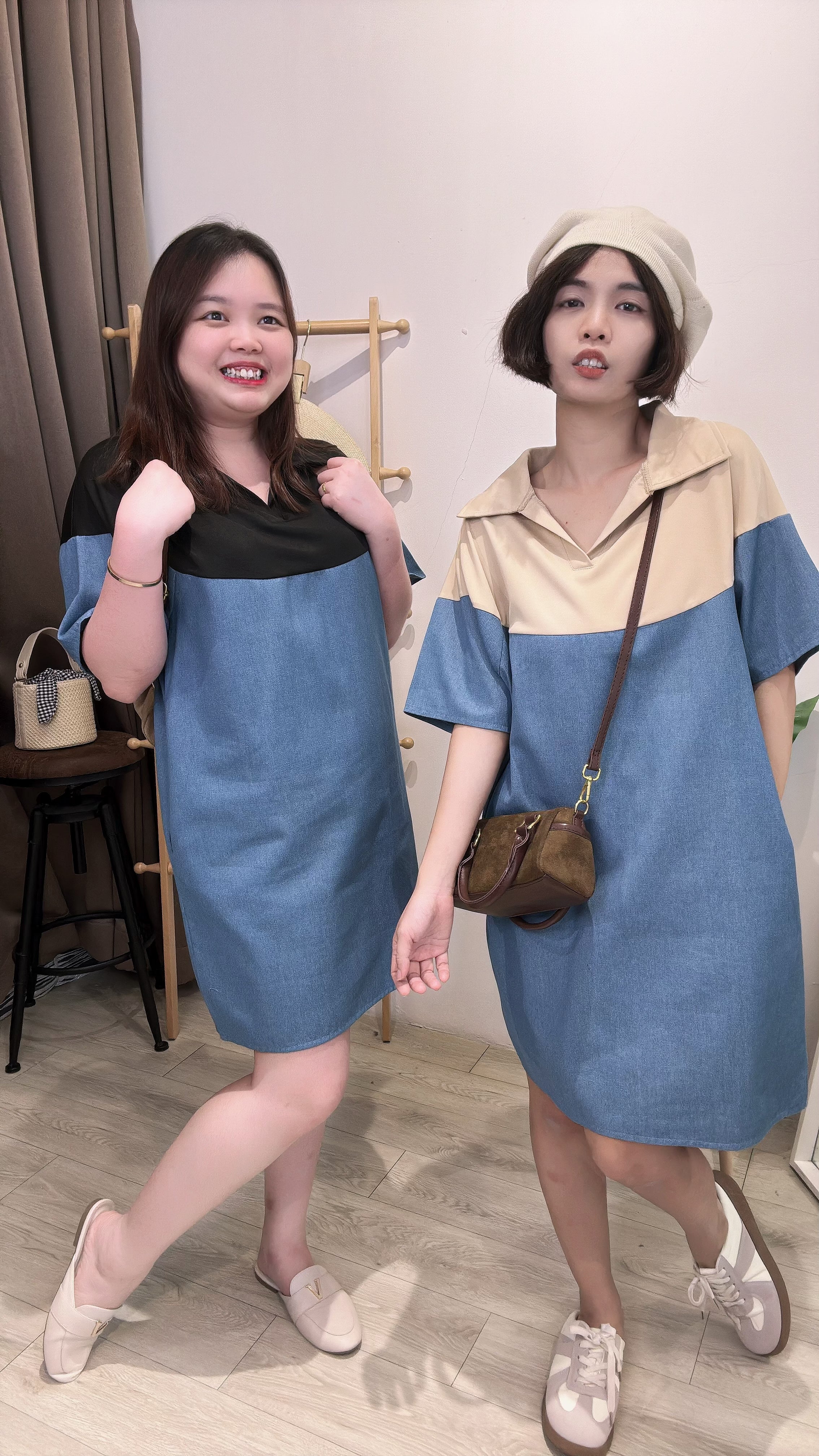 牛仔并接西装短裙