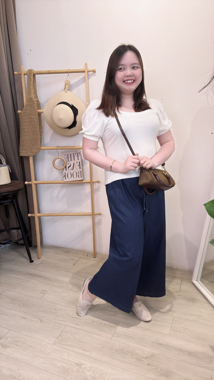 抽绳牛仔松紧腰九分阔裤