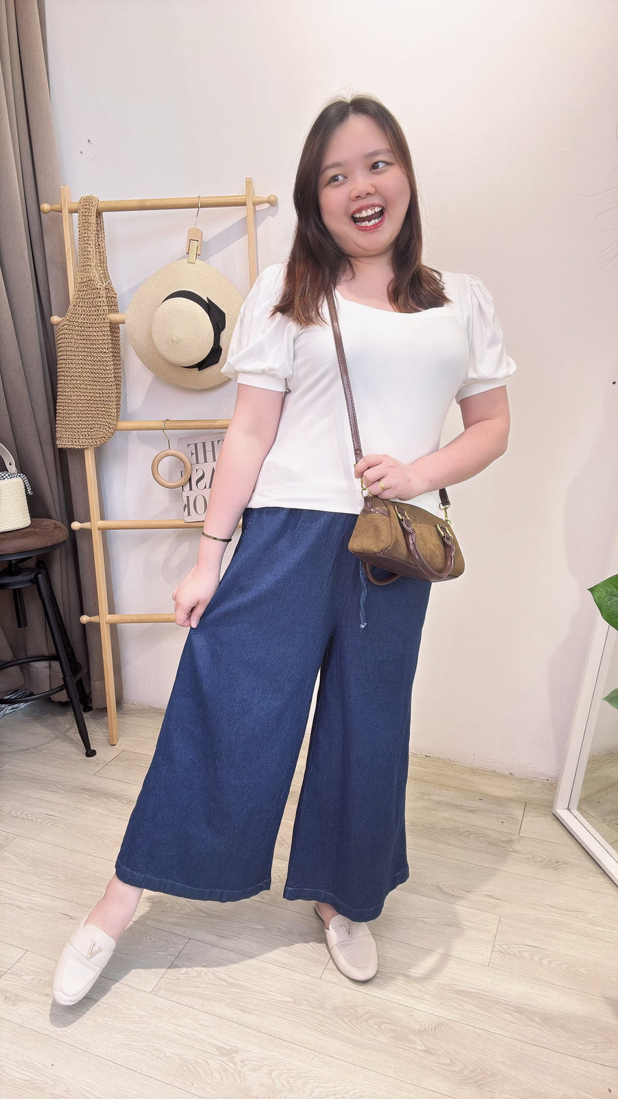 抽绳牛仔松紧腰九分阔裤