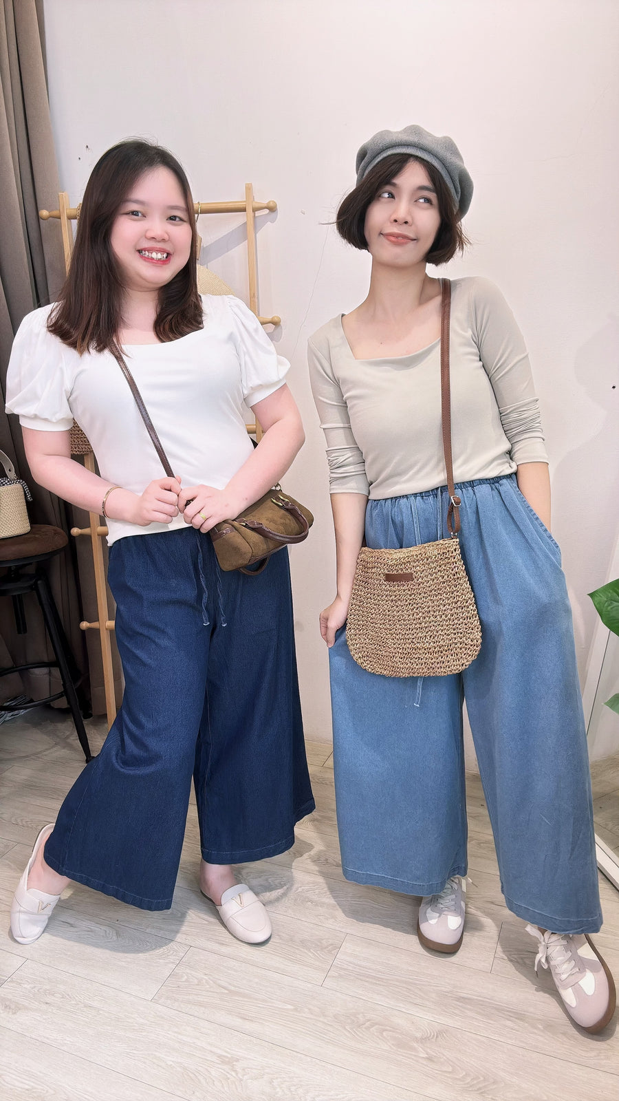 抽绳牛仔松紧腰九分阔裤