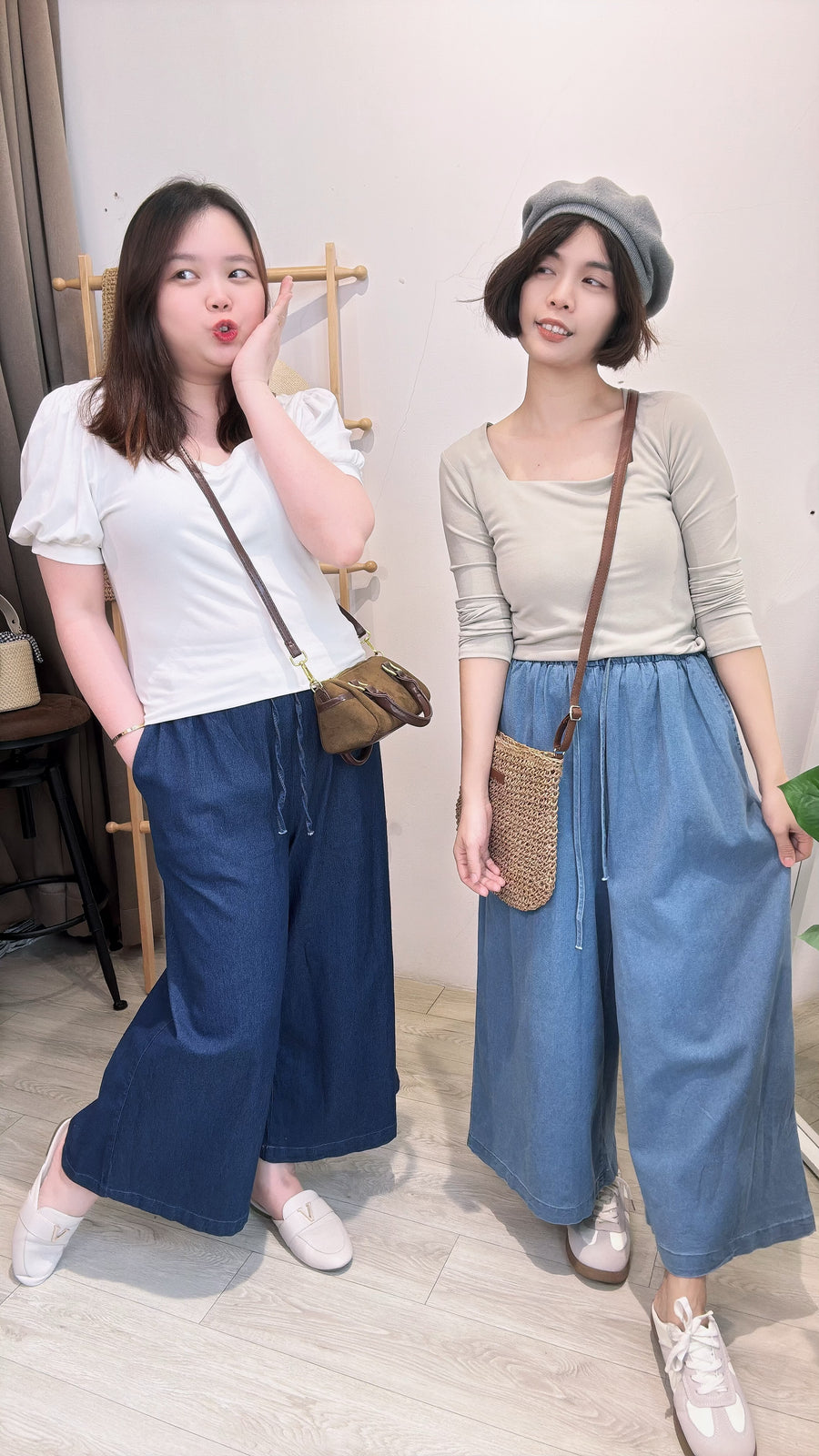 抽绳牛仔松紧腰九分阔裤