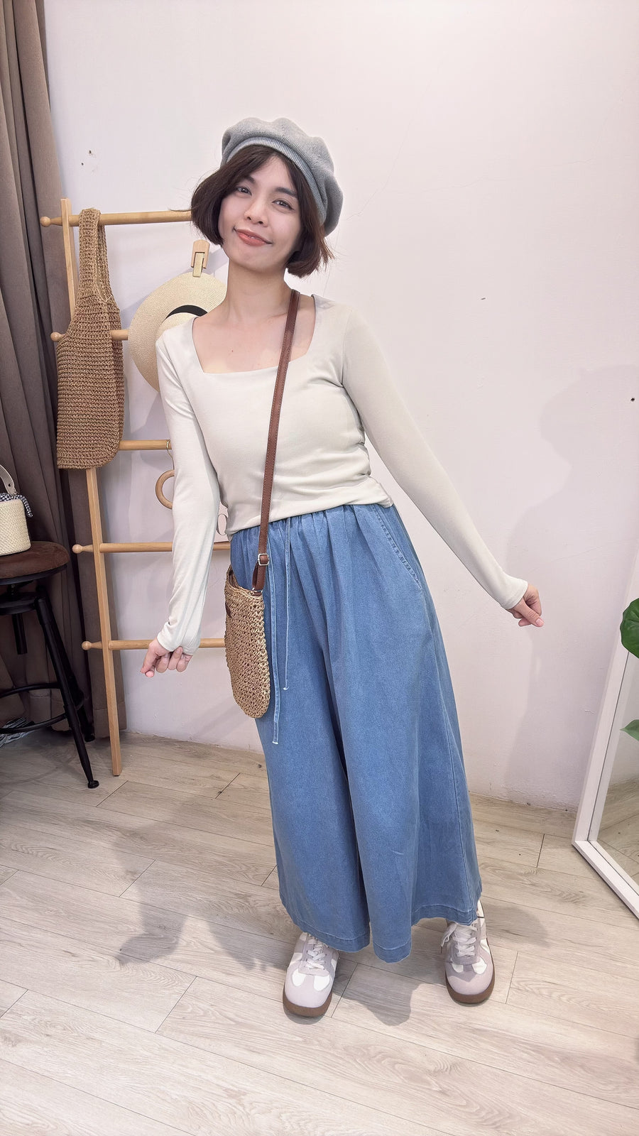 抽绳牛仔松紧腰九分阔裤