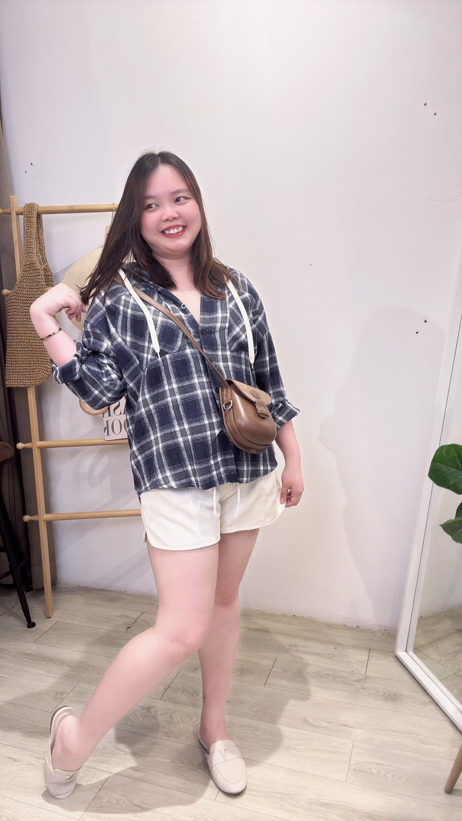 磨毛连帽格子衬衫