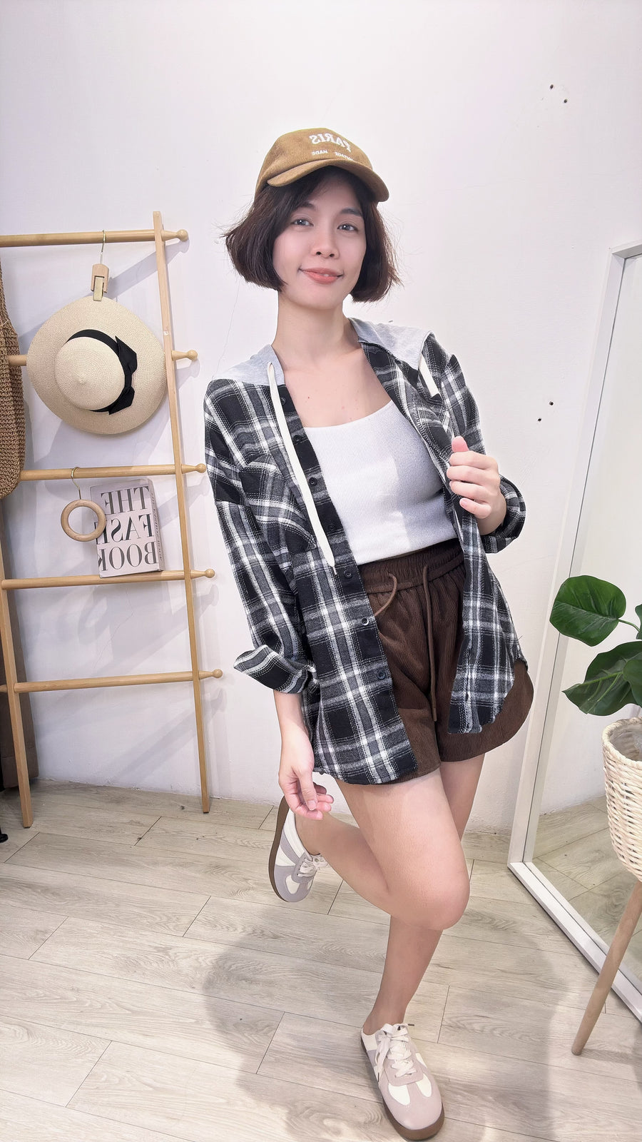 磨毛连帽格子衬衫