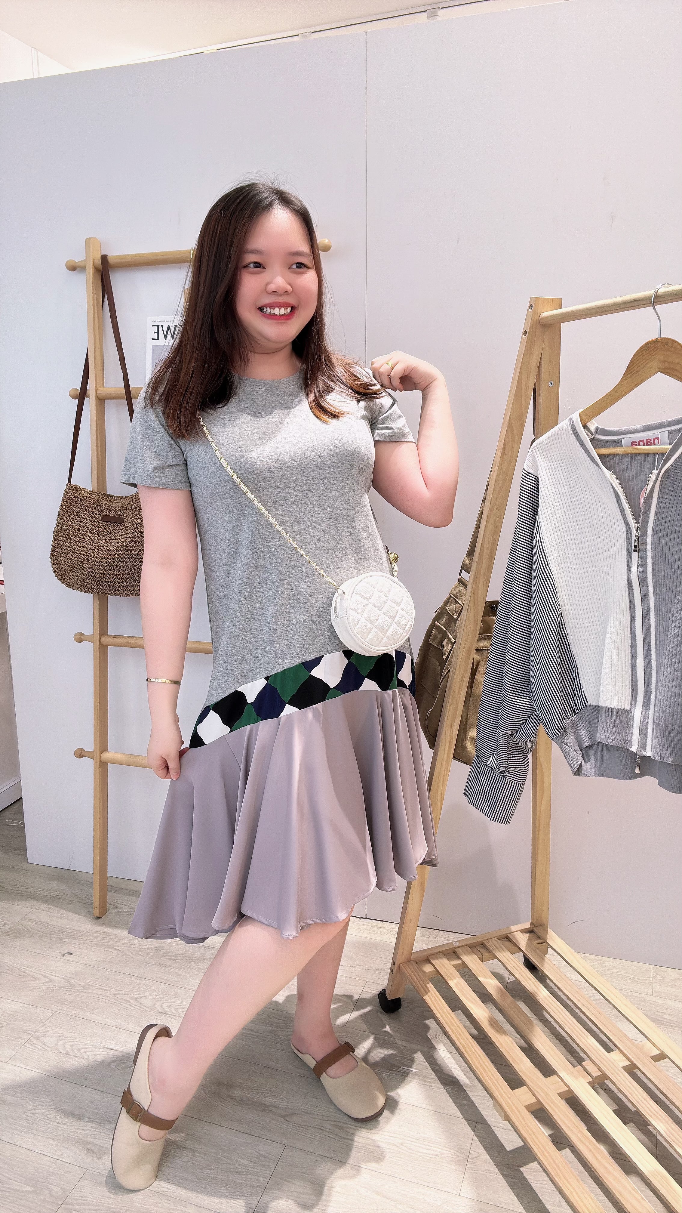 Cotton并接雪纺前短后长连身裙