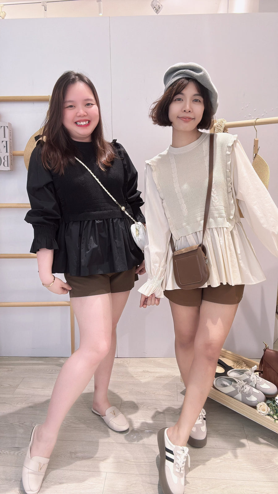 英式针织并接衬衫腰身款上衣