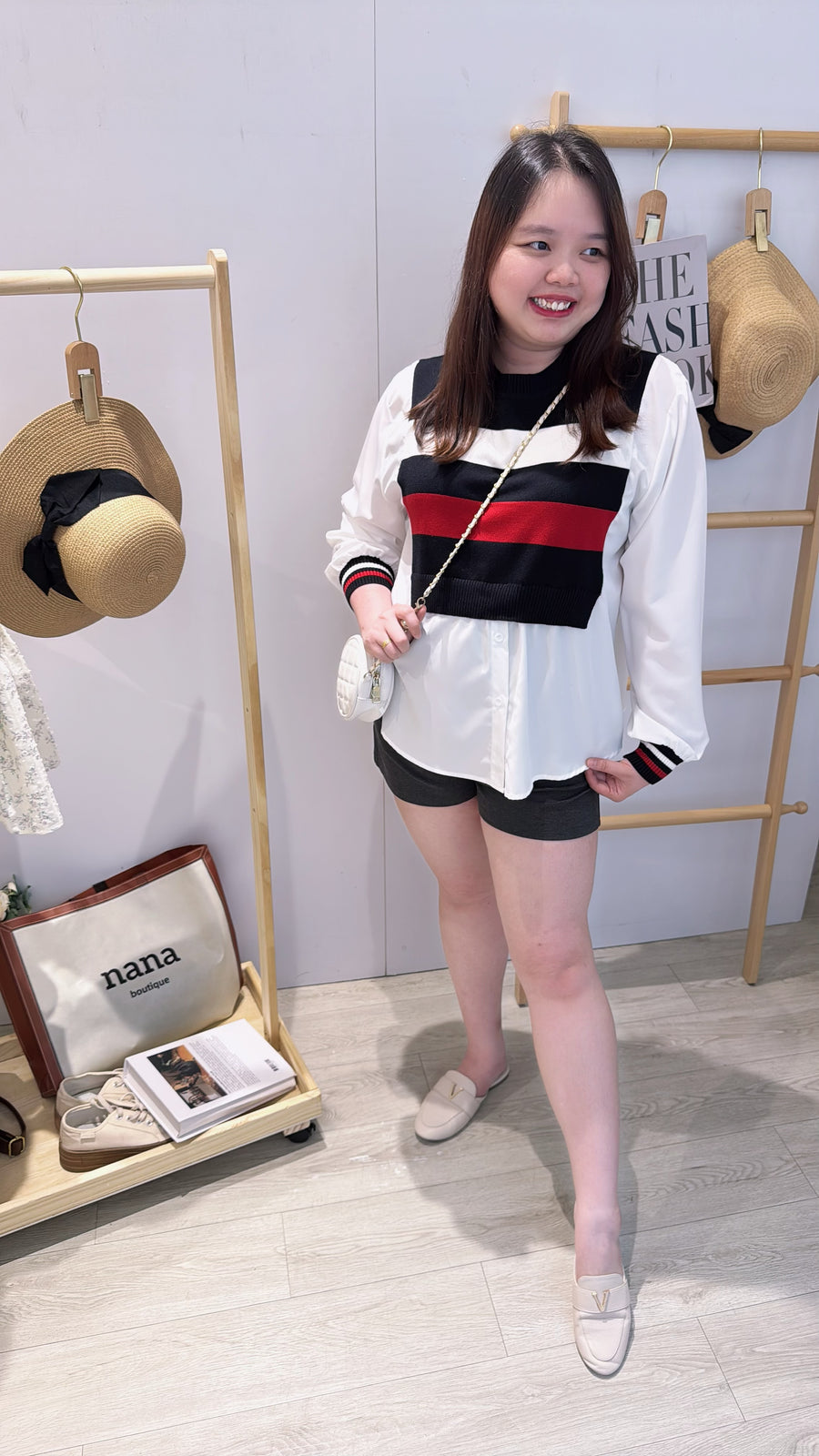 撞色针织并接衬衫