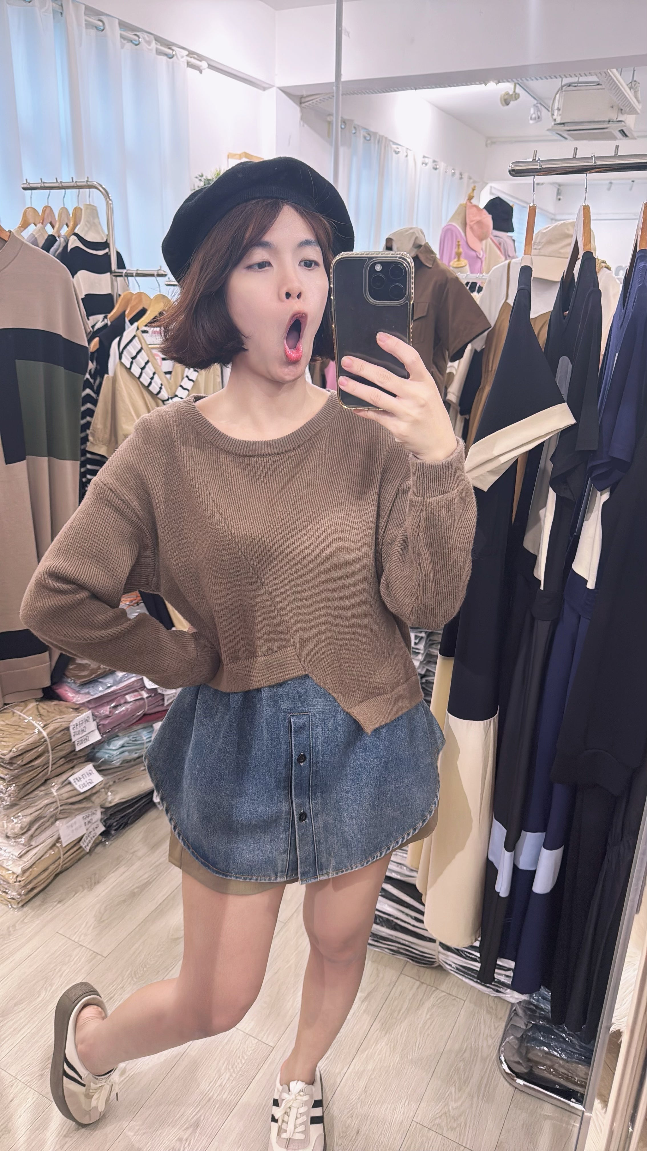 针织长袖并牛仔上衣