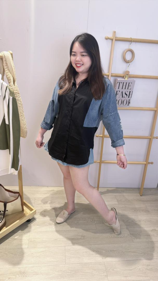 软牛仔边并接衬衫