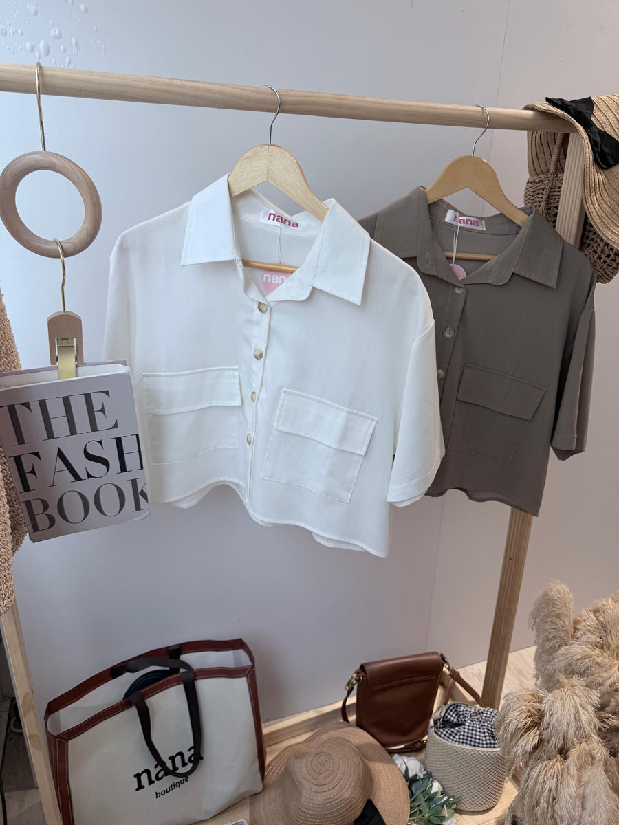 简约纽扣短雪纺衬衫上衣