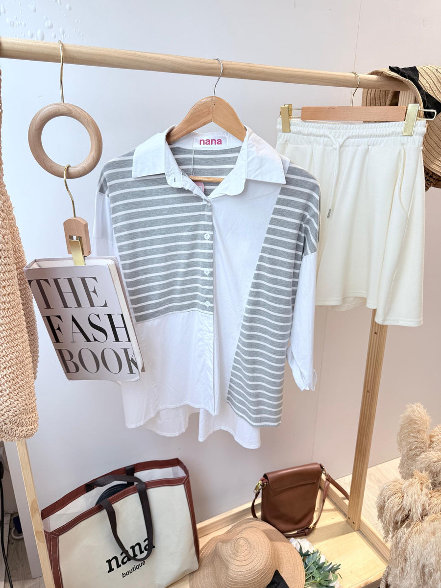 撞色并接线条长衬衫