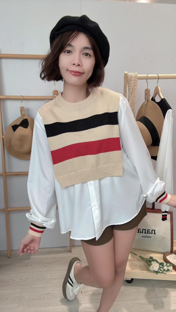 撞色针织并接衬衫