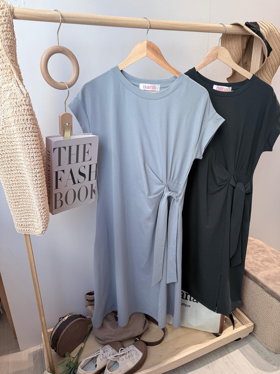 皱褶绑带棉质长连身裙