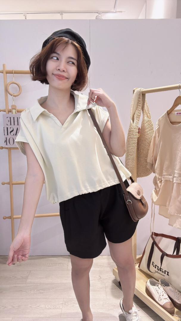 Polo领抽绳收腰短上衣