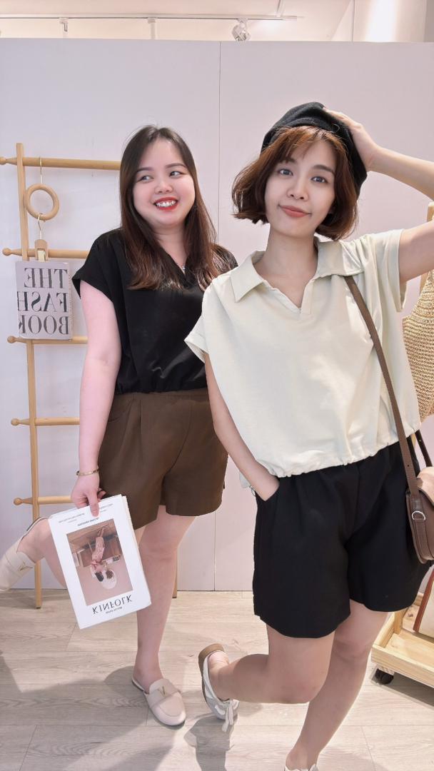 Polo领抽绳收腰短上衣