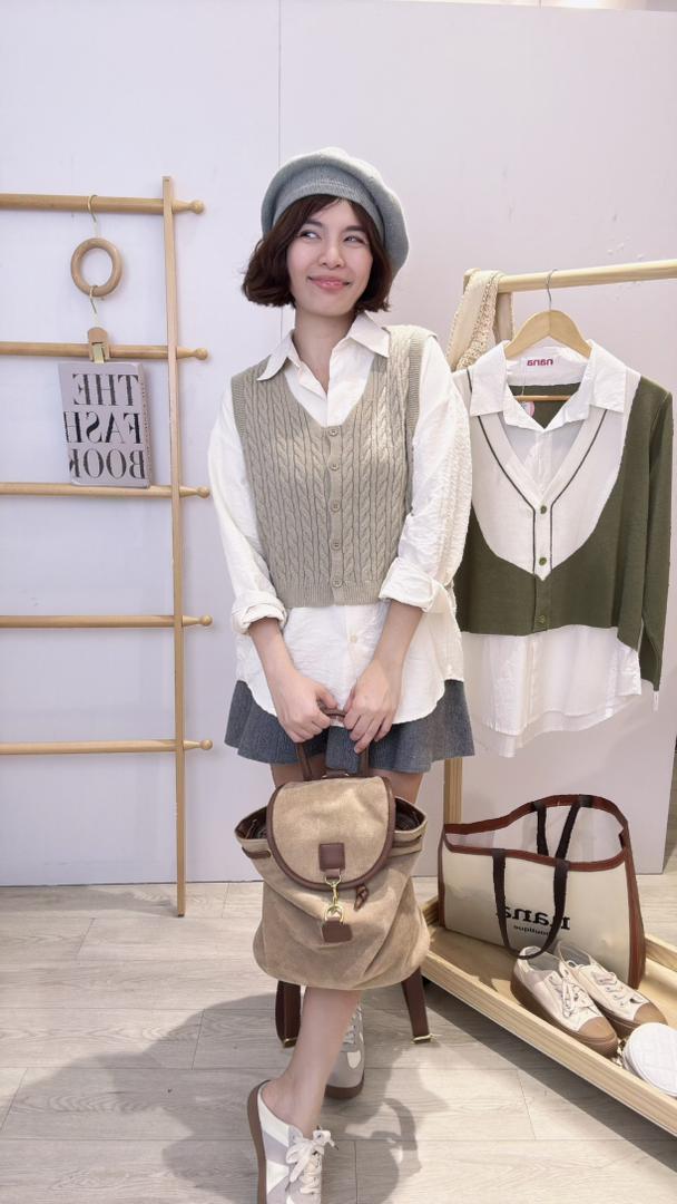 针织并接薄绒衬衫