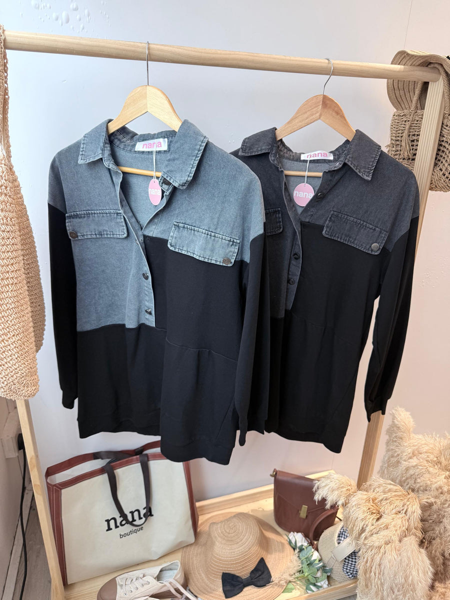 帅气款牛仔并条纹棉质半长衣