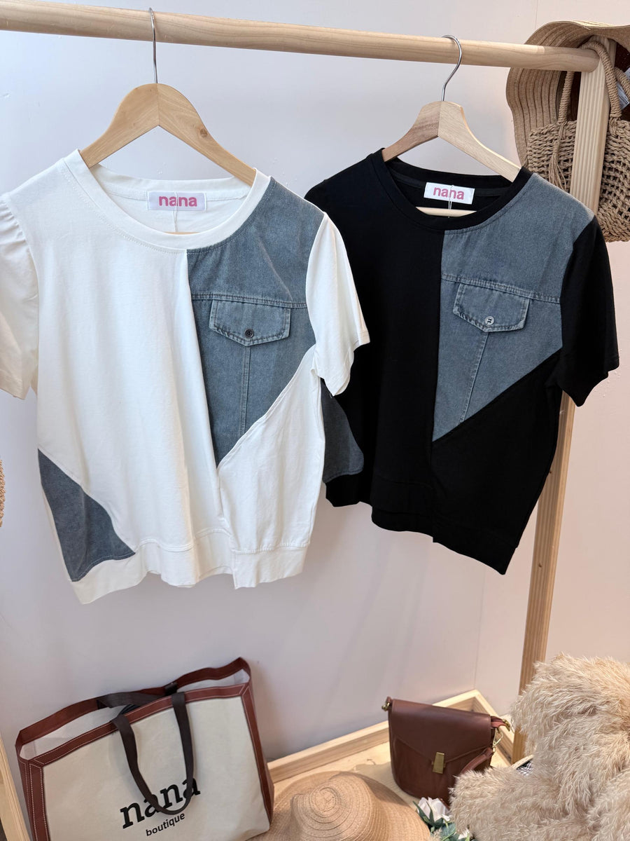 不规则棉质并接牛仔上衣