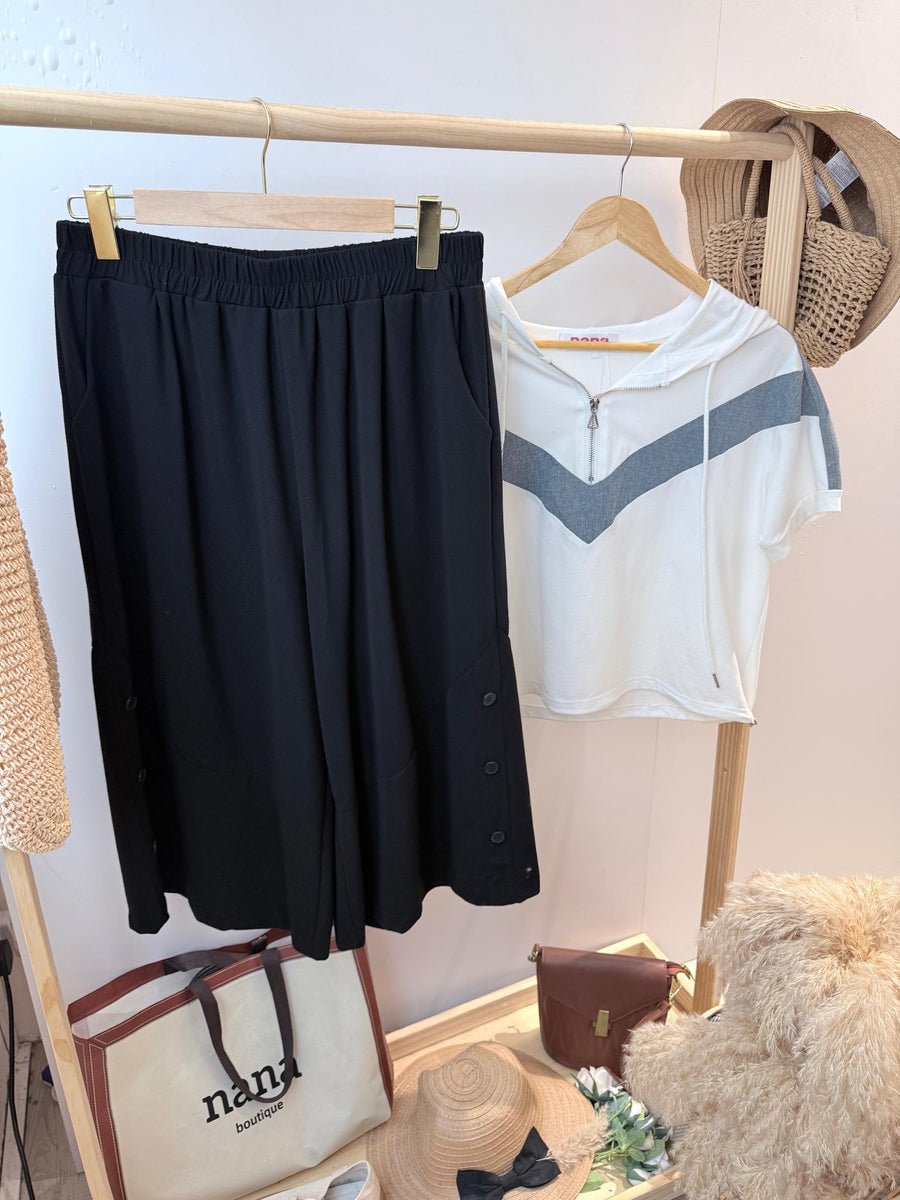 薄罗马假钮阔脚八分裤