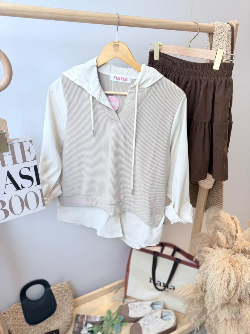 复古条纹撞色雪纺家两件连帽上衣